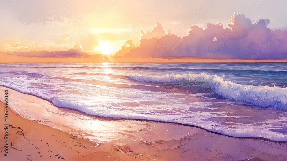 Fototapeta premium Serene beach scene at sunset with gentle waves and colorful clouds.