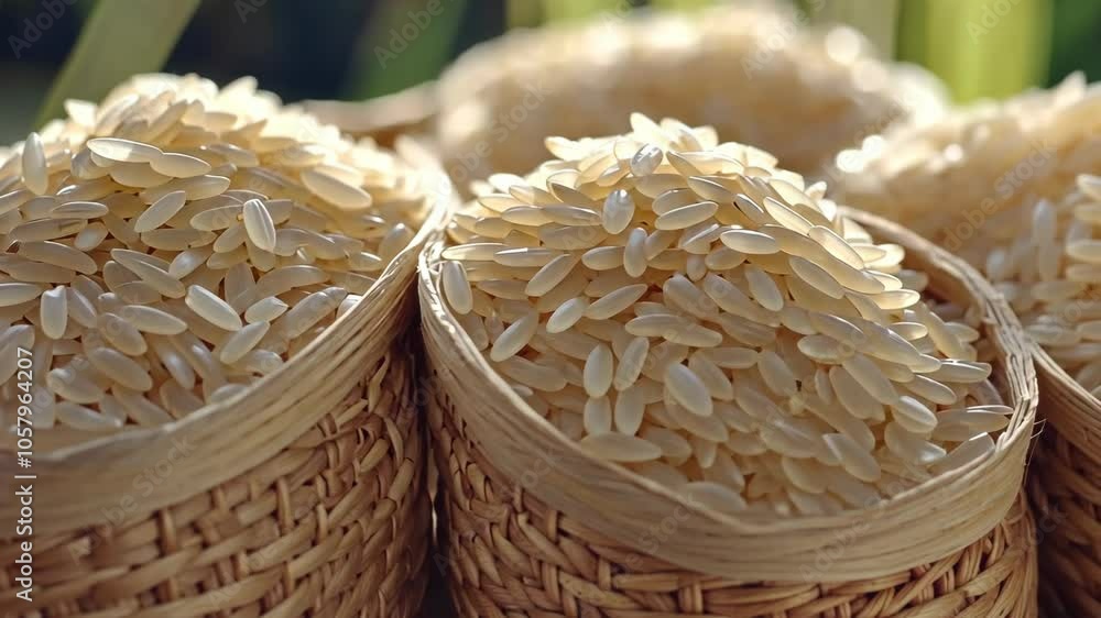 Three wicker baskets overflowing with uncooked rice grains Three wicker baskets overflowing with uncooked rice grains