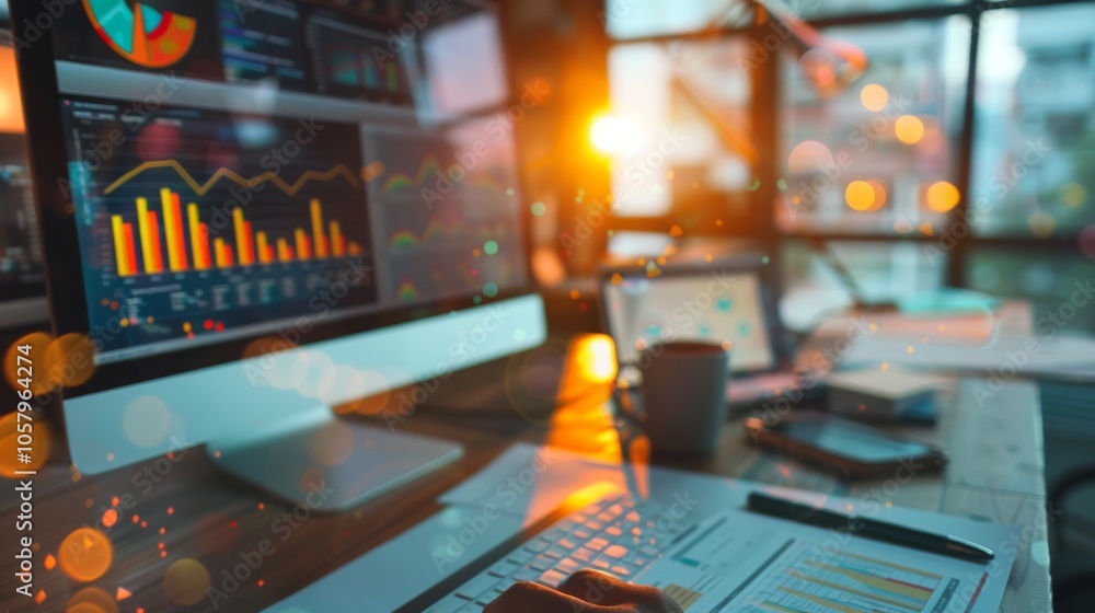 Modern workspace with financial graphs and sunset bokeh Modern workspace with financial graphs and sunset bokeh