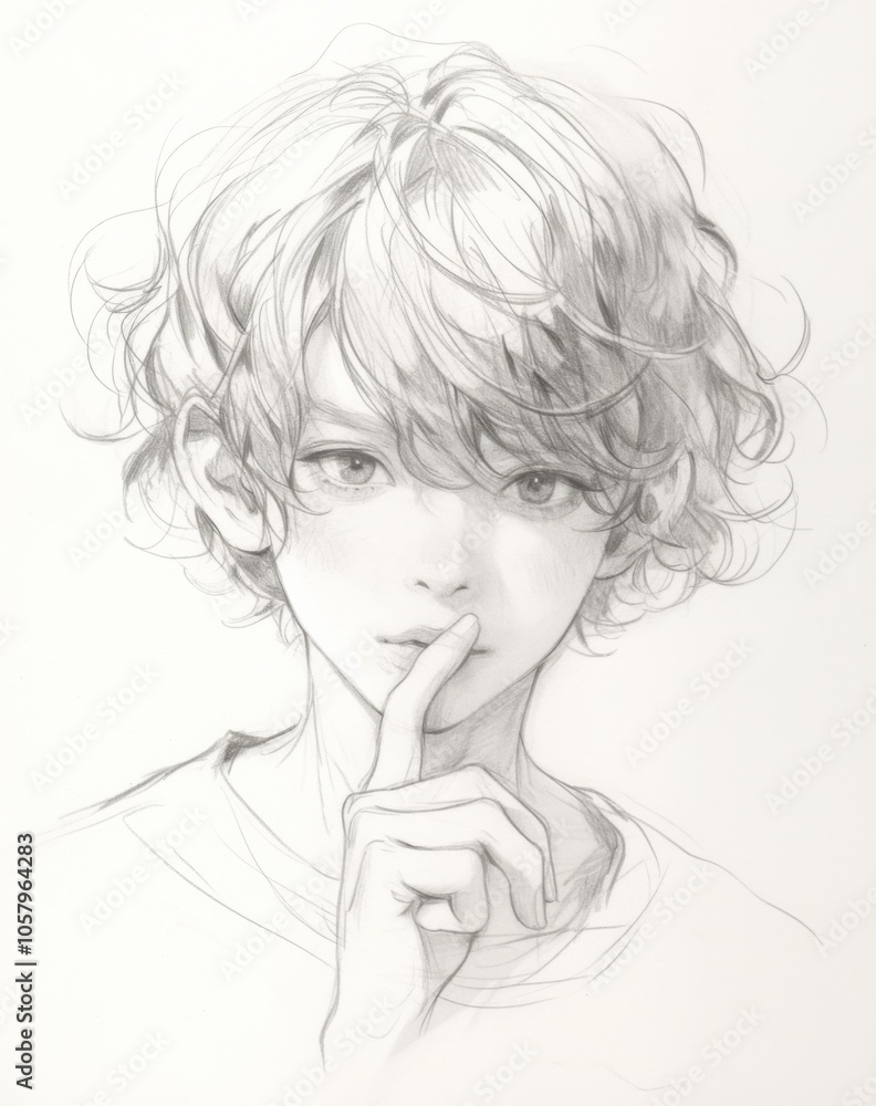 Minimalist pencil sketch of an anime boy with his finger on his lips, signaling a need for quiet. This drawing, set against a white background Minimalist pencil sketch of an anime boy with his finger on his lips, signaling a need for quiet. This drawing, set against a white background