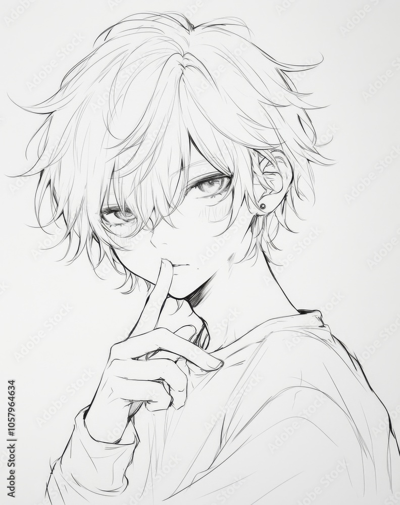 Minimalist pencil sketch of an anime boy with his finger on his lips, signaling a need for quiet. This drawing, set against a white background Minimalist pencil sketch of an anime boy with his finger on his lips, signaling a need for quiet. This drawing, set against a white background