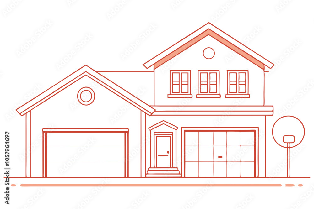 Charming Line Drawing of a Single-Family Home with Garage Charming Line Drawing of a Single-Family Home with Garage