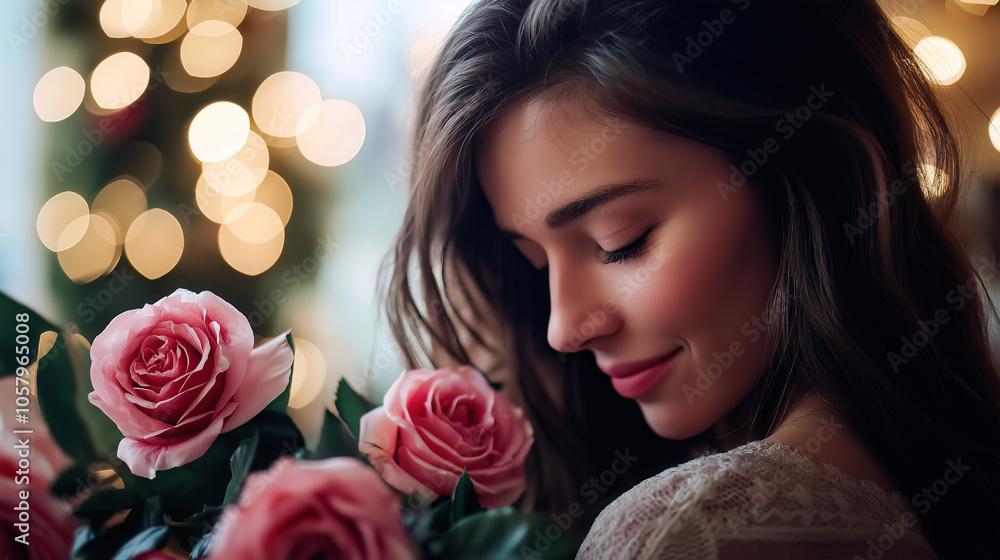 Romantic close-up of a woman smiling softly with closed eyes, holding pink roses, warm bokeh lights in background. Valentine's Day, tenderness, beauty, serenity, elegance, love, joy Romantic close-up of a woman smiling softly with closed eyes, holding pink roses, warm bokeh lights in background. Valentine's Day, tenderness, beauty, serenity, elegance, love, joy