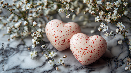 Obraz na płótnie Two heart-shaped chocolates with red speckles rest on a marble surface surrounded by delicate white flowers. w salonie