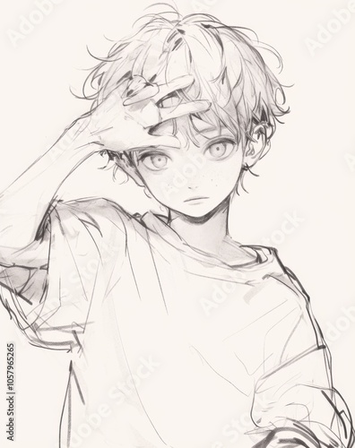 Pencil sketch of an anime boy with his hands in front of him, one finger resting on the forehead of the other hand. 