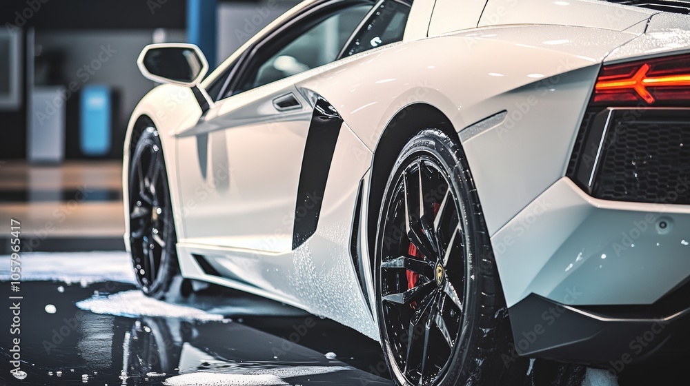 White Sports Car Being Washed. Close-up Detail of Wheel, Soapy Foam, and Water Reflections.