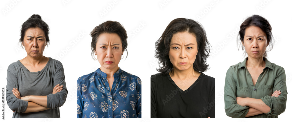 Portrait of middle-aged beautiful asian woman with angry expression, isolated on transparent background, generative ai. Portrait of middle-aged beautiful asian woman with angry expression, isolated on transparent background, generative ai.