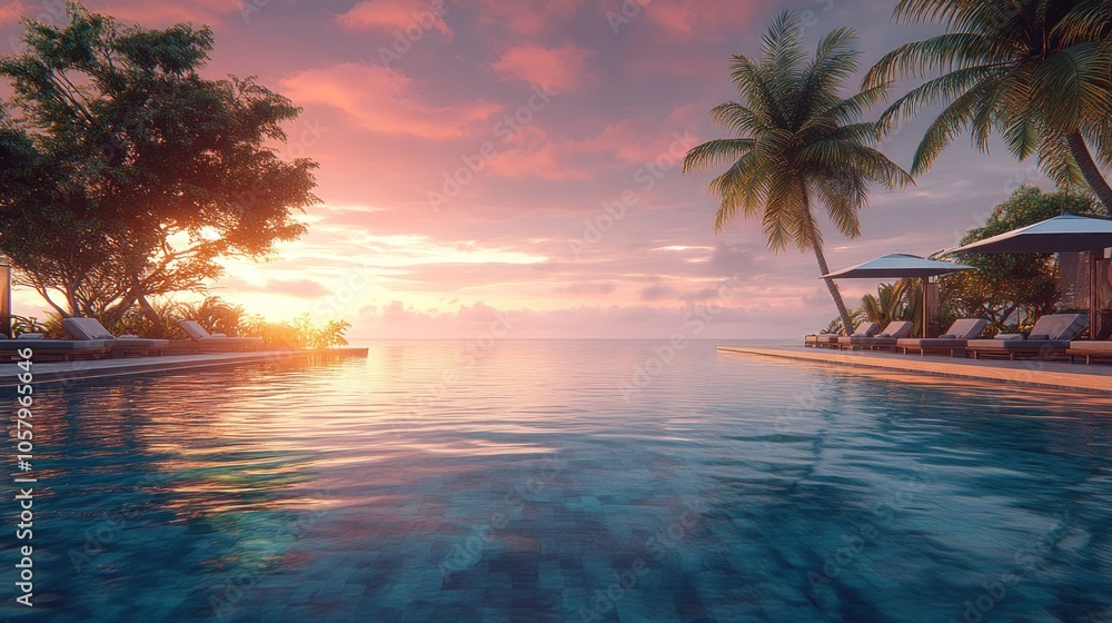 Tranquil infinity pool with vibrant sunset and palm trees. Tranquil infinity pool with vibrant sunset and palm trees.