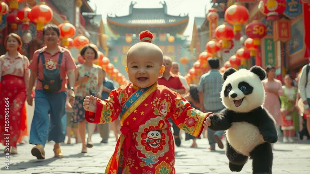 Little child in traditional clothes is walking with a typical animal of the country hand in hand in China Little child in traditional clothes is walking with a typical animal of the country hand in hand in China