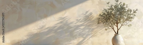 Green Plant in White Pot Against Textured Wall With Sunlight