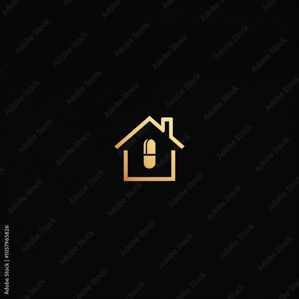 golden stylized icon symbolizing a pharmacy, simple shape of a house with a roof, inside a stylized pill, one half filled and the other outlined, on a black background golden stylized icon symbolizing a pharmacy, simple shape of a house with a roof, inside a stylized pill, one half filled and the other outlined, on a black background