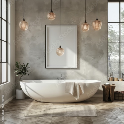 Modern Bathroom With Freestanding Tub and Pendant Lights