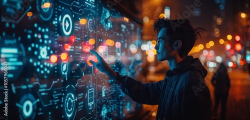 Man Interacting With Digital Interface at Night in Urban Setting