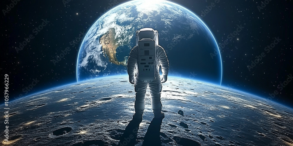astronaut stands on the moon's surface, gazing at the Earth suspended in space. This image symbolizes exploration, human curiosity, and the vastness of the universe, inspiring awe astronaut stands on the moon's surface, gazing at the Earth suspended in space. This image symbolizes exploration, human curiosity, and the vastness of the universe, inspiring awe
