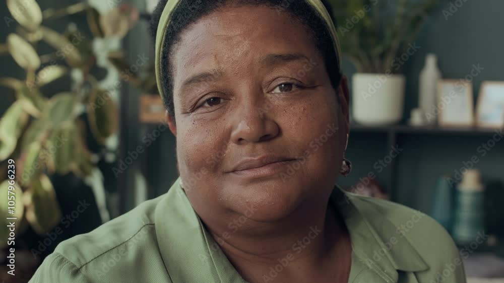 Closeup zoom in of senior African American woman wearing pale green clothes looking at camera while sitting in cozy living room Closeup zoom in of senior African American woman wearing pale green clothes looking at camera while sitting in cozy living room