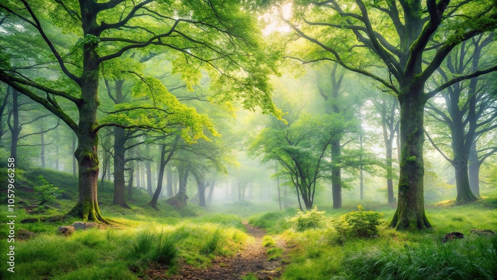 Misty woodland landscape ideal for wallpaper or background usage Misty woodland landscape ideal for wallpaper or background usage