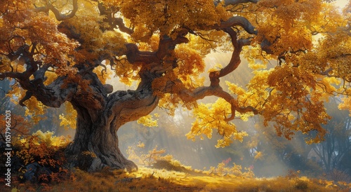 Ancient Oak Tree Bathed in Golden Sunlight in a Forest Clearing