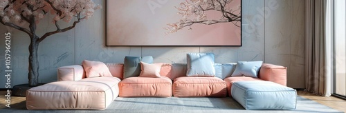 Modern Living Room Interior Design With Sectional Sofa and Floral Artwork