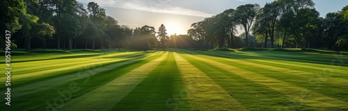 Freshly Mown Lawn Bathed in Morning Sunlight