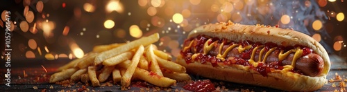 Close Up of Hot Dog With Mustard and Chili, Served With French Fries, Against...