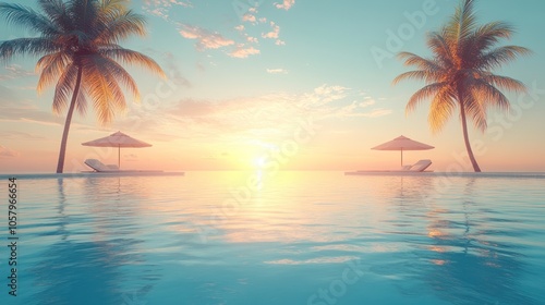 Tranquil Sunset on the Beach with Palm Trees and Loungers.