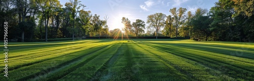 Freshly Mown Lawn Bathed in Morning Sunlight
