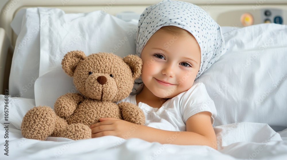 A young girl sits in a hospital room, wearing a warm hat and coat, holding a knitted teddy bear that symbolizes comfort during her cancer journey A young girl sits in a hospital room, wearing a warm hat and coat, holding a knitted teddy bear that symbolizes comfort during her cancer journey