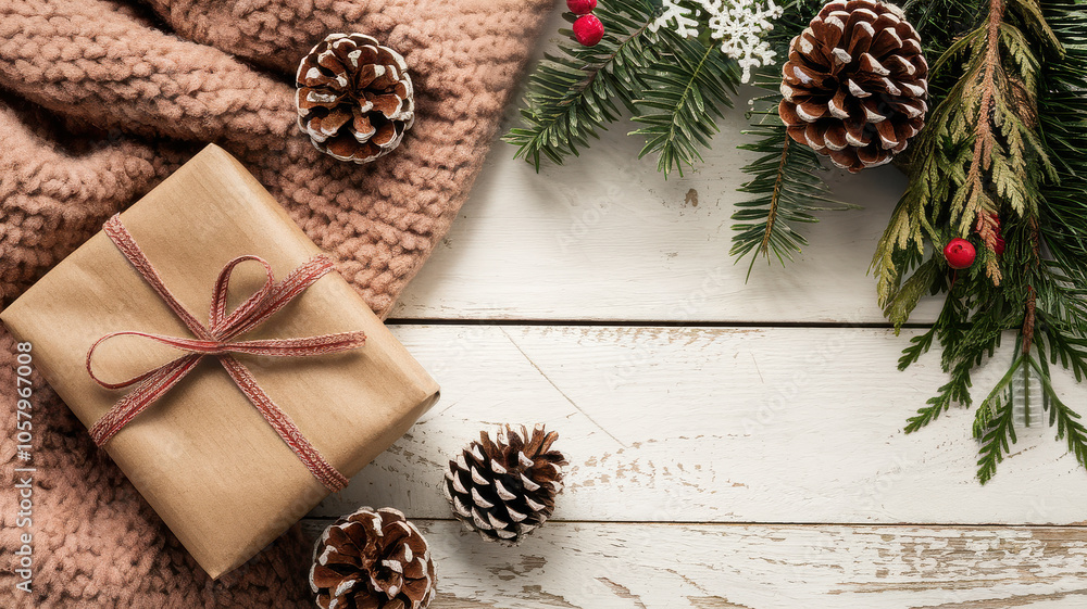 Fototapeta premium Warm christmas scene with a gift wrapped in brown paper, nestled among cozy knits and pine cones, copy space available