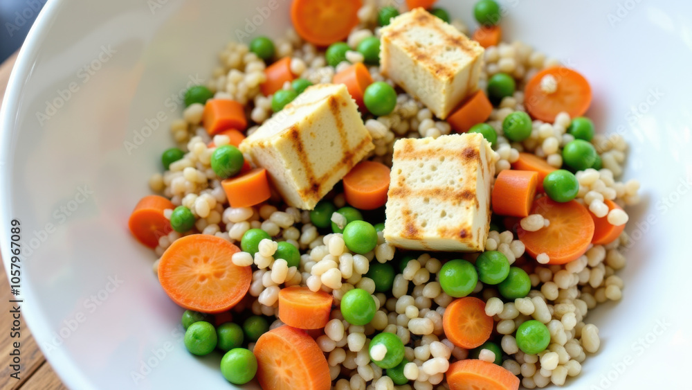 Vegetarian meal with tofu, quinoa, carrots and peas in a bowl. Vegetarian meal with tofu, quinoa, carrots and peas in a bowl.