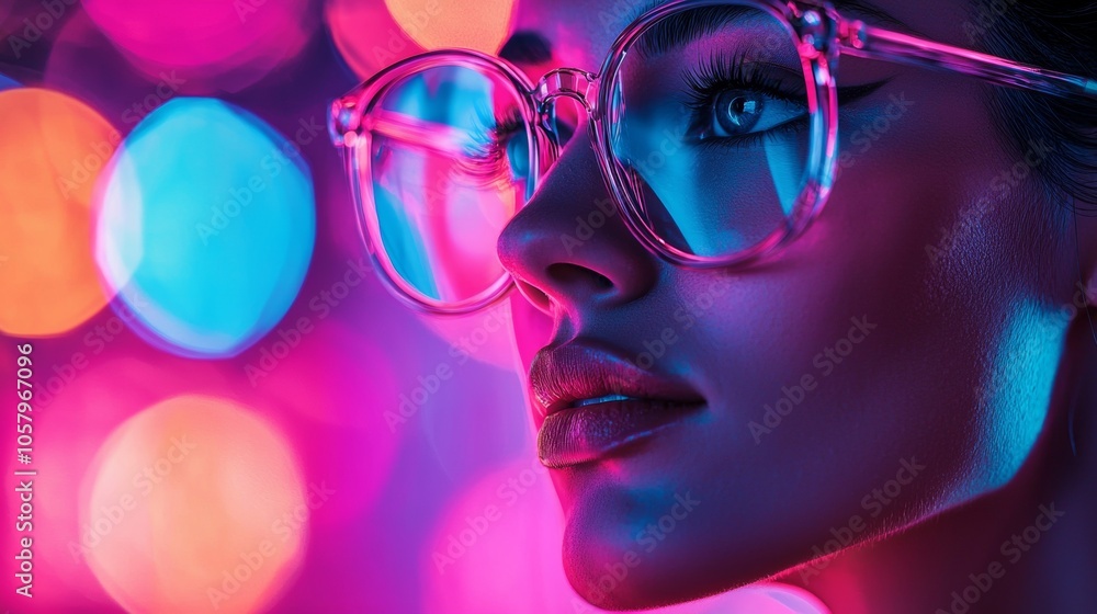 Close-up portrait of woman with neon pink and blue lights Close-up portrait of woman with neon pink and blue lights