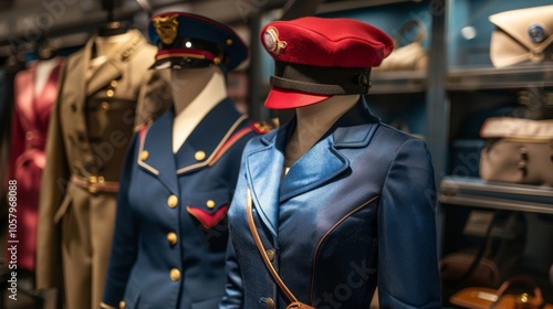 A section of the museum dedicated to flight attendants with vintage uniforms and accessories on display. photo