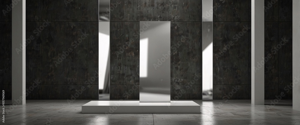 Modern Minimalist Interior Design: A sleek and stylish concrete backdrop with a single white podium, creating a dramatic and contemporary design aesthetic. Modern Minimalist Interior Design: A sleek and stylish concrete backdrop with a single white podium, creating a dramatic and contemporary design aesthetic.