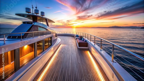 Luxury motor yacht sundeck at twilight close-up