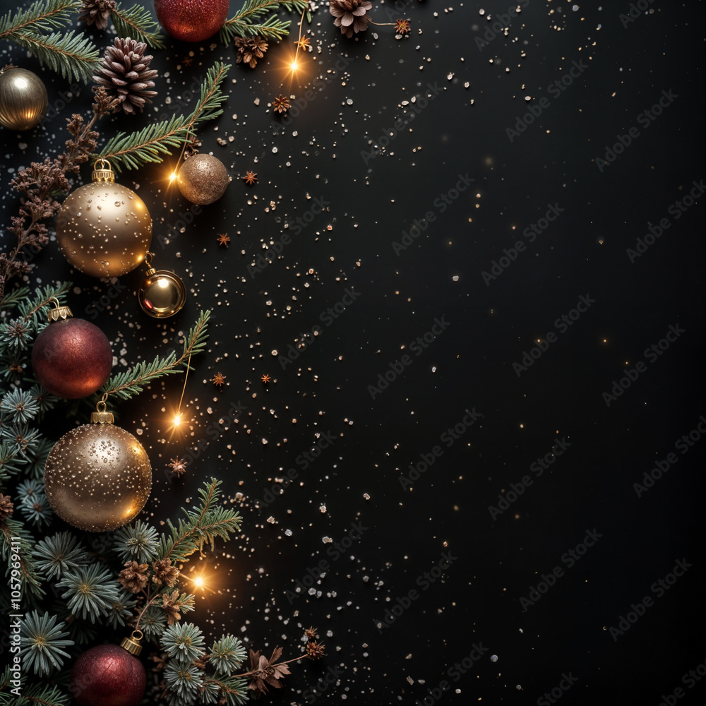 Elegant Christmas background with festive decorations: pine branches, ornaments, shiny stars, and confettiф. Perfect for greeting cards, web banners, and holiday invitations Elegant Christmas background with festive decorations: pine branches, ornaments, shiny stars, and confettiф. Perfect for greeting cards, web banners, and holiday invitations