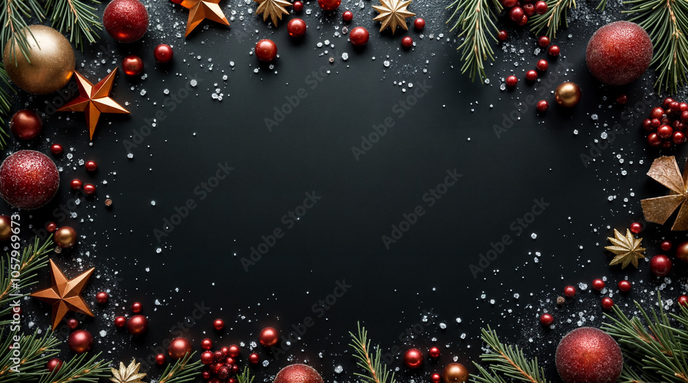 Elegant Christmas background with festive decorations: pine branches, ornaments, shiny stars, and confettiф. Perfect for greeting cards, web banners, and holiday invitations Elegant Christmas background with festive decorations: pine branches, ornaments, shiny stars, and confettiф. Perfect for greeting cards, web banners, and holiday invitations