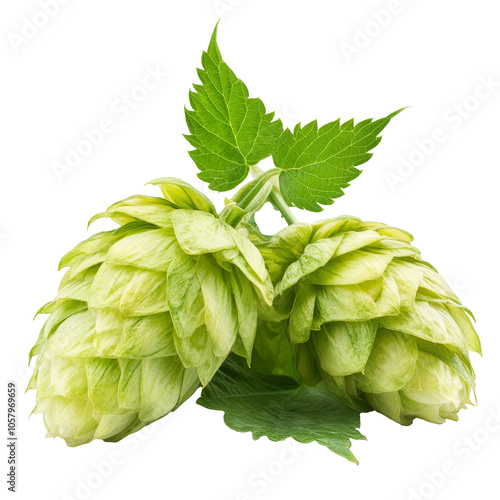 Fresh green hop cones with lush leaves on display photo