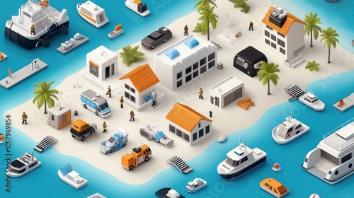 Isometric illustration of a coastal emergency response scene with buildings, vehicles, rescue workers, boats, and palm trees on a beach setting. photo