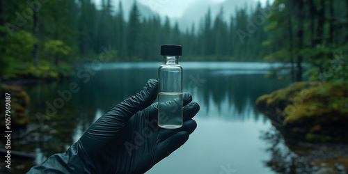 Fototapeta Naklejka Na Ścianę i Meble -  gloved hand holding a transparent sample tube against a scenic background of a lake and lush greenery, symbolizing environmental awareness, ecological testing, and natural conservation