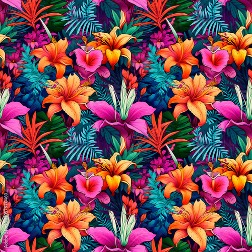 Caribbean tropical flora, vibrant colors, exotic, relaxed mood, lush and detailed vegetation. Background, seamless pattern