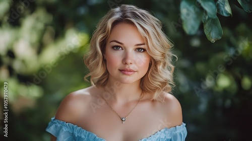 A woman with blonde hair and a blue dress is looking at the camera