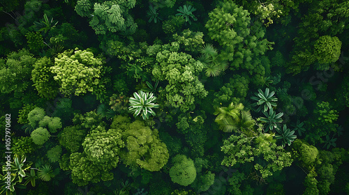 Top view of a lush green tropical rainforest canopy. The dense vegetation is made up of a variety of trees, plants, and ferns.