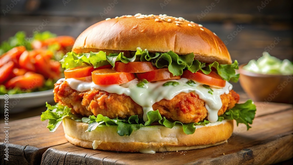 Macro Buffalo Ranch Chicken Burger with Crispy Buffalo Chicken Lettuce Tomato and Ranch Dressing on Toasted Potato Bun Macro Buffalo Ranch Chicken Burger with Crispy Buffalo Chicken Lettuce Tomato and Ranch Dressing on Toasted Potato Bun