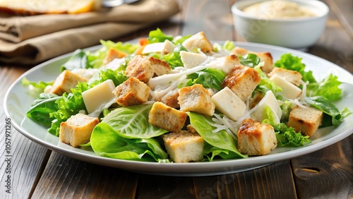 Macro Cesar salad plate served on restaurant table