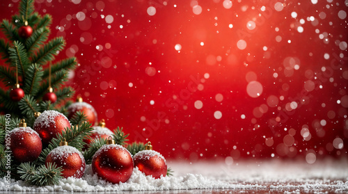 Elegant Christmas background with festive decorations: pine branches, ornaments, shiny stars, and confettiф. Perfect for greeting cards, web banners, and holiday invitations