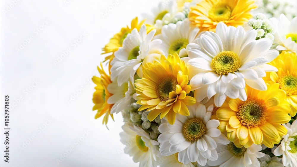 Obraz premium Macro close up of white and yellow flowers bouquet on white background