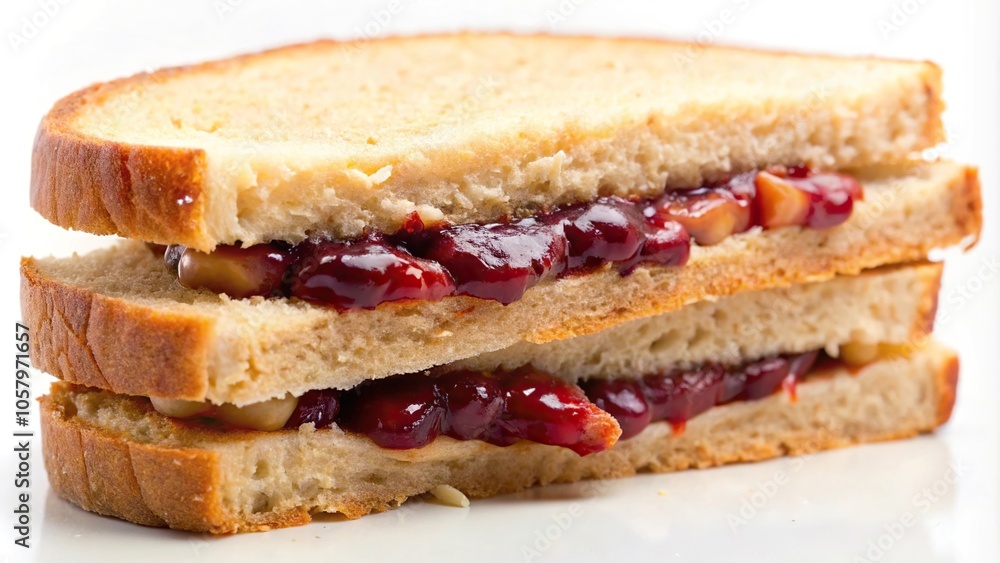 Macro close-up of a peanut butter and jelly sandwich with jelly inside Macro close-up of a peanut butter and jelly sandwich with jelly inside
