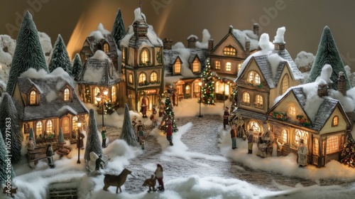 A charming winter village scene with snow-covered cottages, festive decorations, and joyful characters celebrating the holidays at dusk