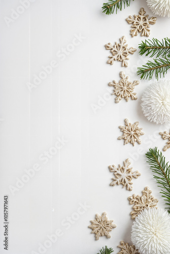 Elegant Christmas background with festive decorations: pine branches, ornaments, shiny stars, and confettiф. Perfect for greeting cards, web banners, and holiday invitations