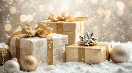 Festively wrapped gifts with golden accents arranged on a snowy surface, set against a sparkling background, creating a warm holiday atmosphere