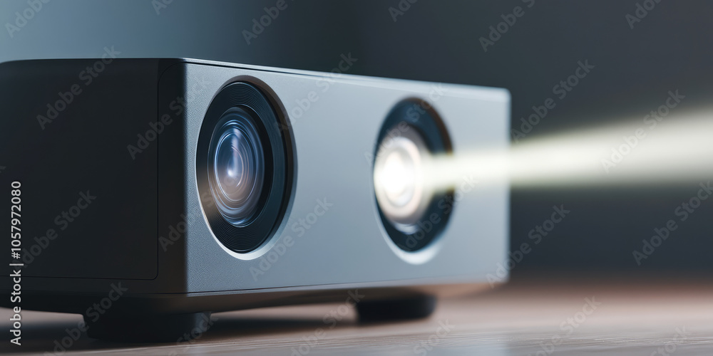 Close-up of a projector turned on with a beam of light coming out of it. Multimedia and technology for business presentation Close-up of a projector turned on with a beam of light coming out of it. Multimedia and technology for business presentation